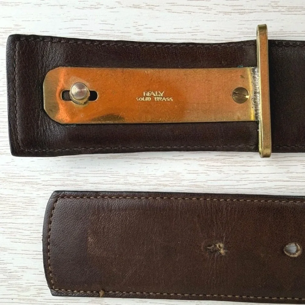 Vintage CHRISTIAN DIOR Brown Leather Belt Mens (30) Brass Buckle‎ Italy Classic
